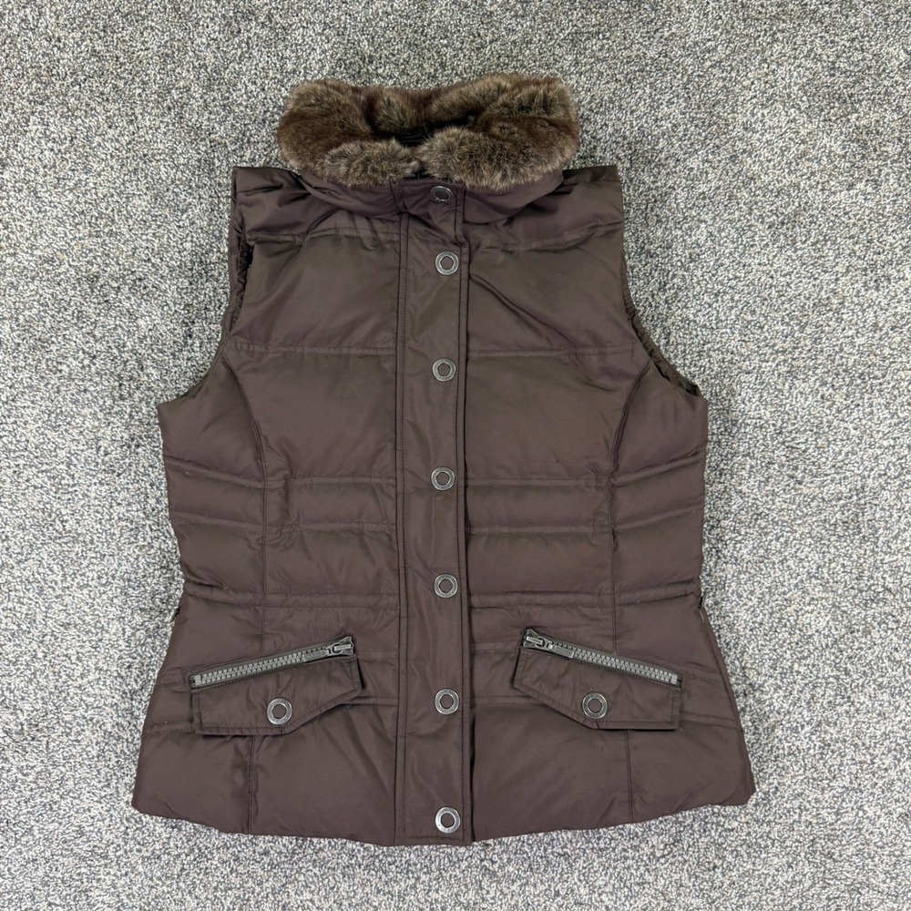 Eddie Bauer 700 Fill Goose Down Puffer Vest Womens Small Brown Faux Fur Collar